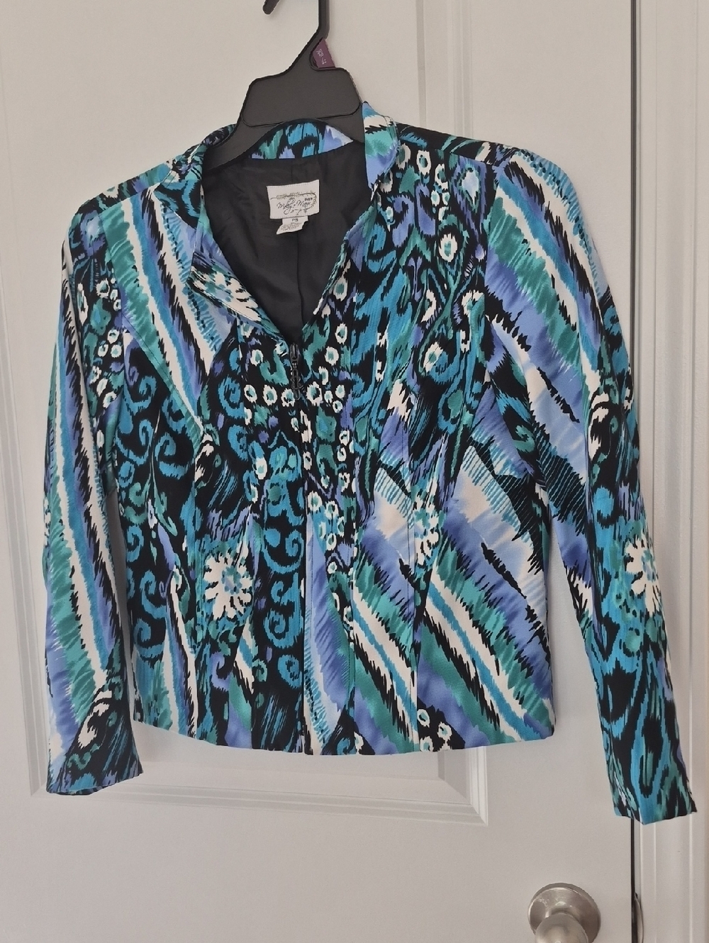 Molly & Maxx Women's Vintage-Style Blue Patterned Blazer Jacket Size S